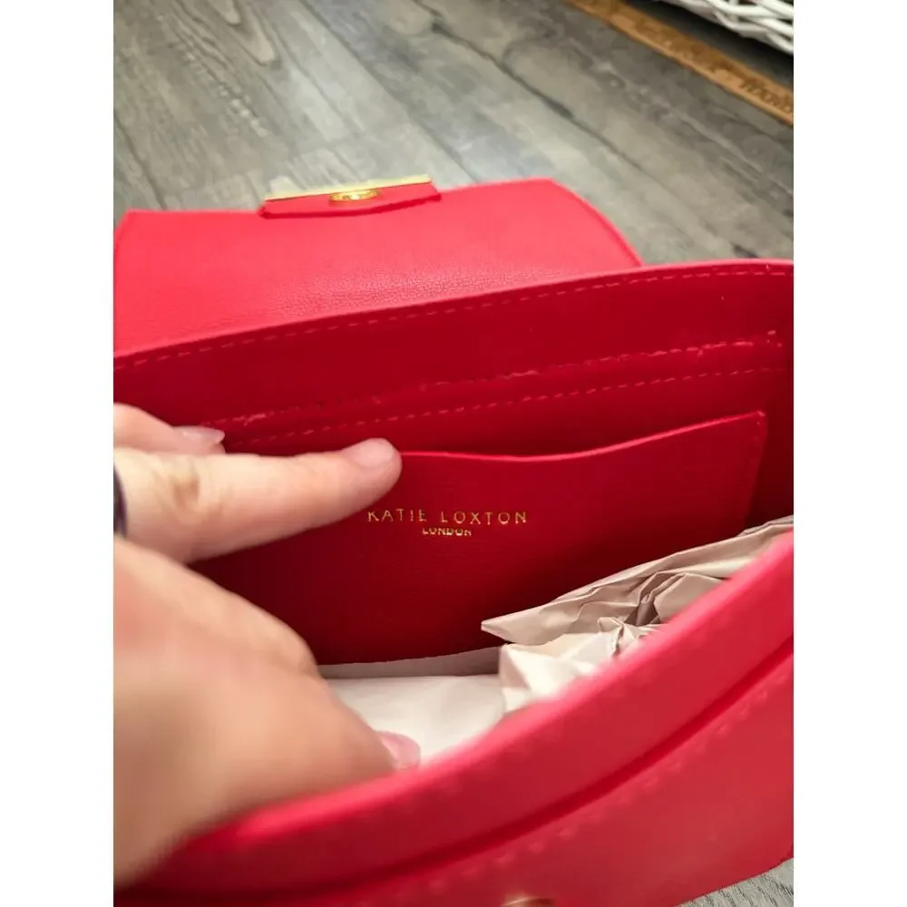 Katie Loxton Alyce Crossbody Bag Bright Red Pebbled Leather Chain Strap